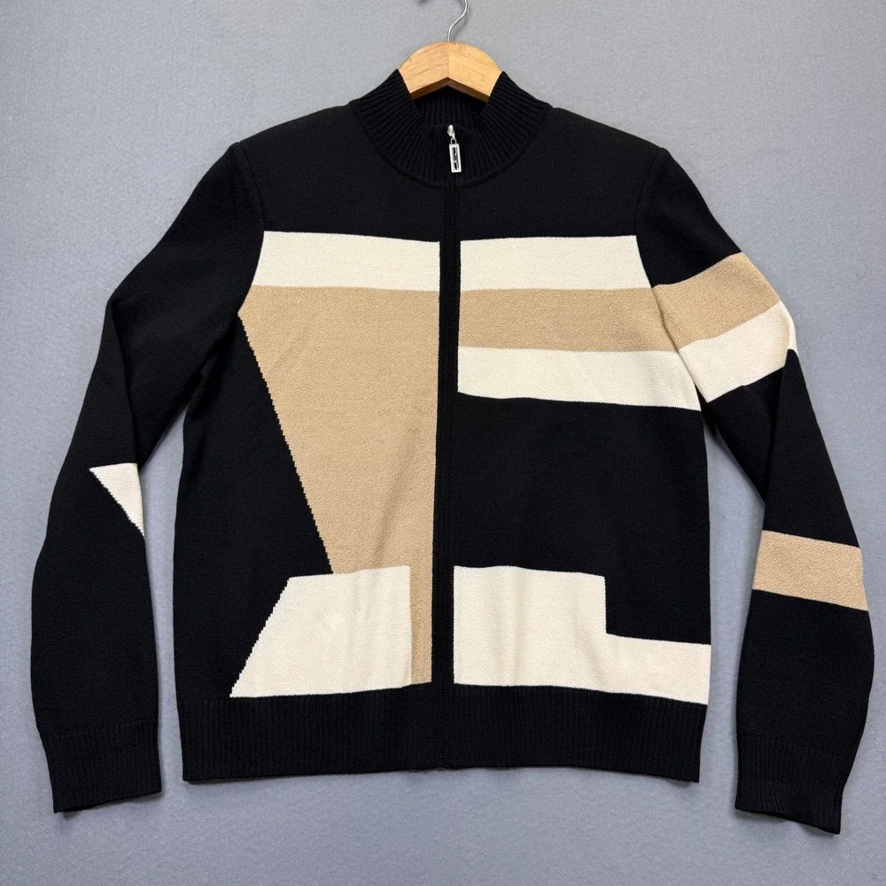 St John Wool Rayon Full Zip Mock‎ Neck Geometric Sweater Black Tan Medium READ